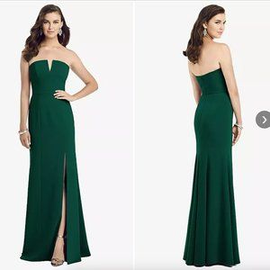 Dessy STRAPLESS NOTCH CREPE GOWN WITH FRONT SLIT IN HUNTER GREEN